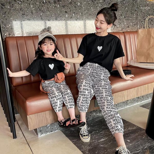 

family matching outfits 2021 summer parent-child wear mother-daughter round neck short-sleeved printed love mommy and daughter clothes1, Blue