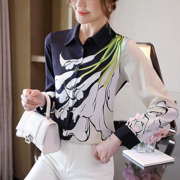 

korean silk women shirts woman print shirt long sleeve floral blouses plus size blusas de mujer 210604, White