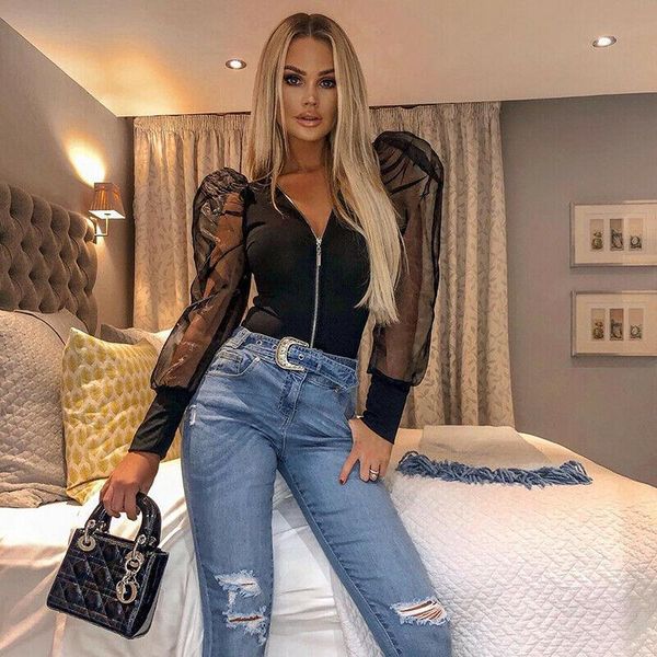 

women's jumpsuits & rompers women playsuits high cut deep v neck bodysuit solid romper long puff sleeve skinny autumn spring basic dail, Black;white