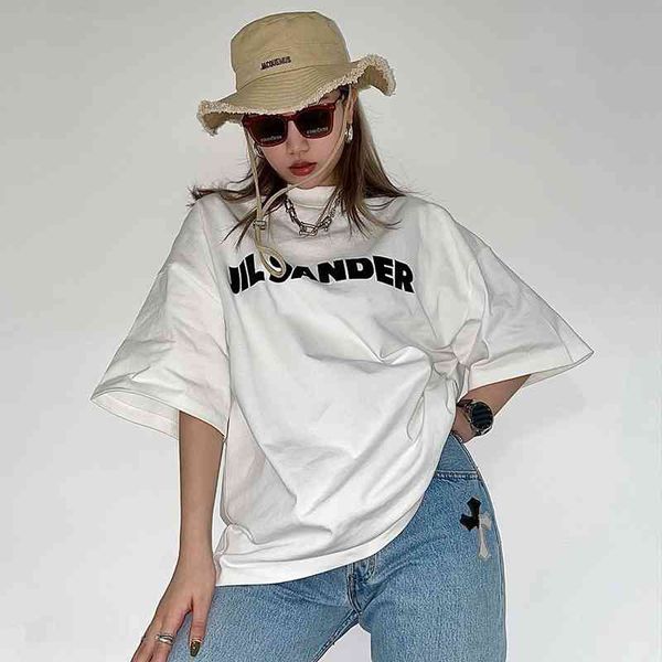

1jil high street alphabet print street hip hop simple loose oversize short sleeve women's t-shirt men's couple bottom coat2021, White;black