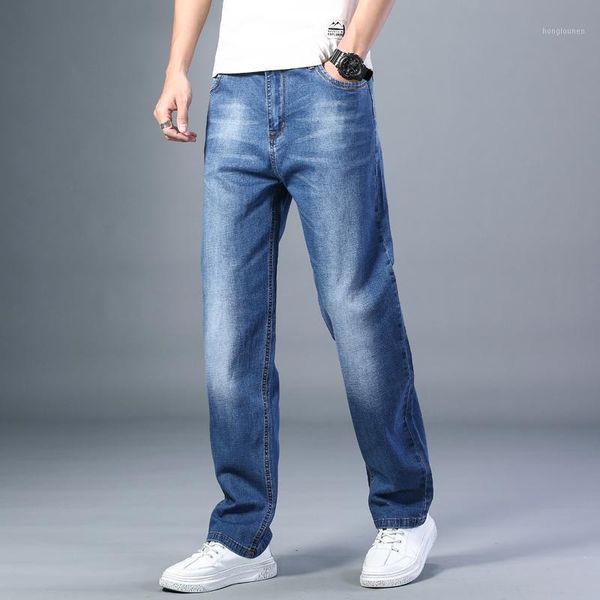 

men's jeans 7 colors available men's thin straight-leg loose 2021 summer classic style advanced stretch pants male brand, Blue