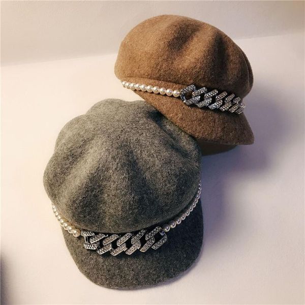 

berets 202110-shi autumn winter designer style wool acrylic rhinestone chain pearl lady equestrian cap women visors hat, Blue;gray