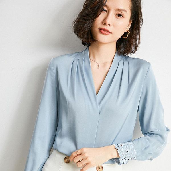 

women's jackets 2021 spring and summer silk shirt long sleeve wide pine mulberry v-neck bottom, Black;brown