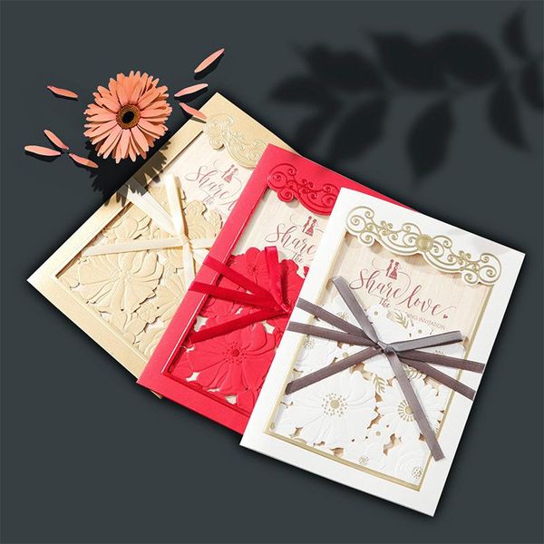 

50pcs white red paper invitation for wedding marriage birthday laser cut thank you card with envelope ribbon custom printing greeting cards
