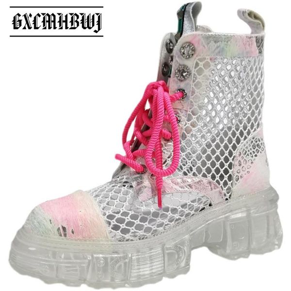 

hallow mesh genuine leather horse hair platform women ankle boots punk gothic metal chain lace up ladies demonia, Black