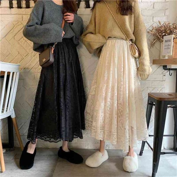 

spring & autumn simple white lace high waist slimming elegant casual all-match women a-line long skirt 210527, Black