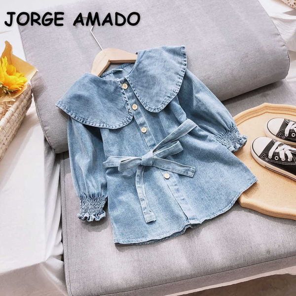 Großhandel Frühling Kinder Kleider für Mädchen Denim Langarm Kleid Gürtel Revers E8987 210610