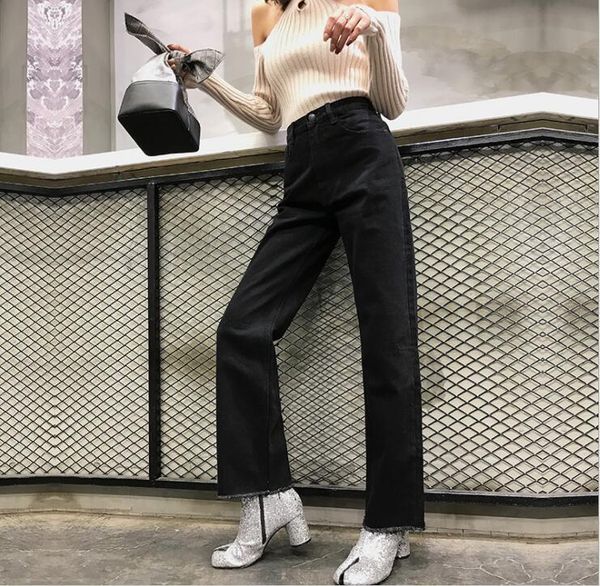 

women's jeans women high waist loose black thicken winter wide leg straight pants full length with pocket tassel no elastic, Blue