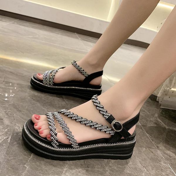

comfort shoes for women multicolored sandals summer heels increasing height clogs wedge gladiator girls rhinestone fashion high dress, Black