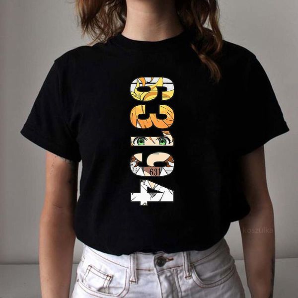 

the promised neverland emma printed tees yakusoku no anime cotton t shirt casual regular clothes women's t-shirt, White