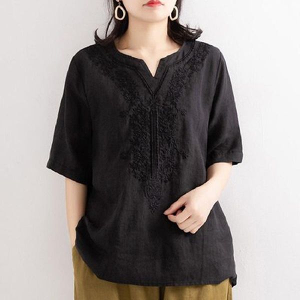 

women's blouses & shirts lady vintage retro style blouse summer pullover solid color embroidery cotton linen shirt large size, White
