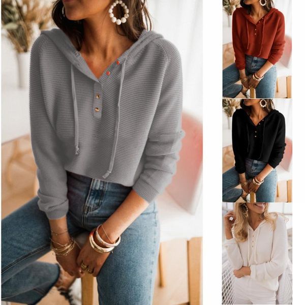 

women's hoodies & sweatshirts 2021 autumn long sleeve loose solid color knitted sweater hooded top, Black