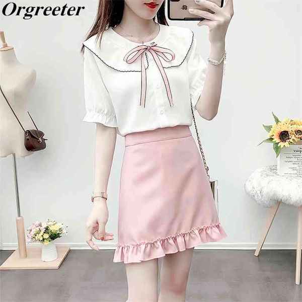 

summer sweet peter pan collar short sleeve pink chiffon shirt and ruffles mini bodycon skirt two piece set female 210602, White