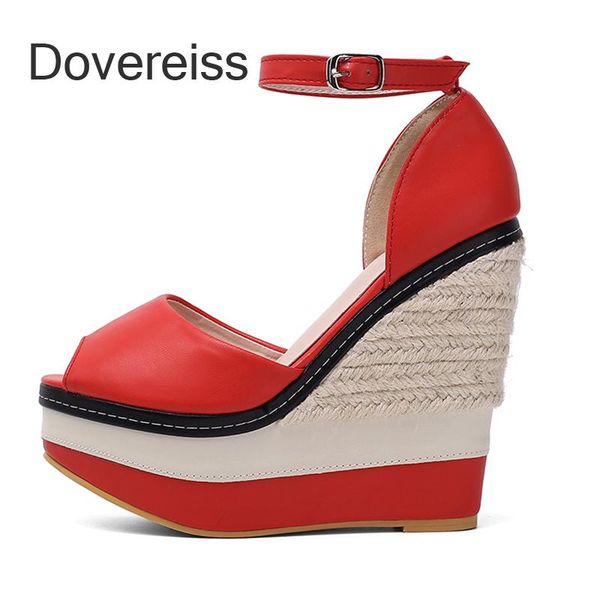 

dress shoes summer women wedges sandals fashion peep toe buckle high heels red waterproof party consice height, Black