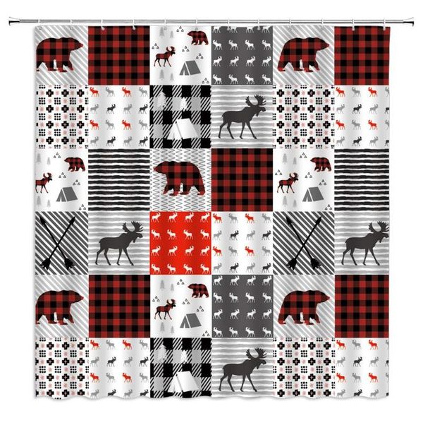 

shower curtains plaid curtain christmas red black grid geometric splicing moose bear safari hunting wild animal fabric bathroom decor set
