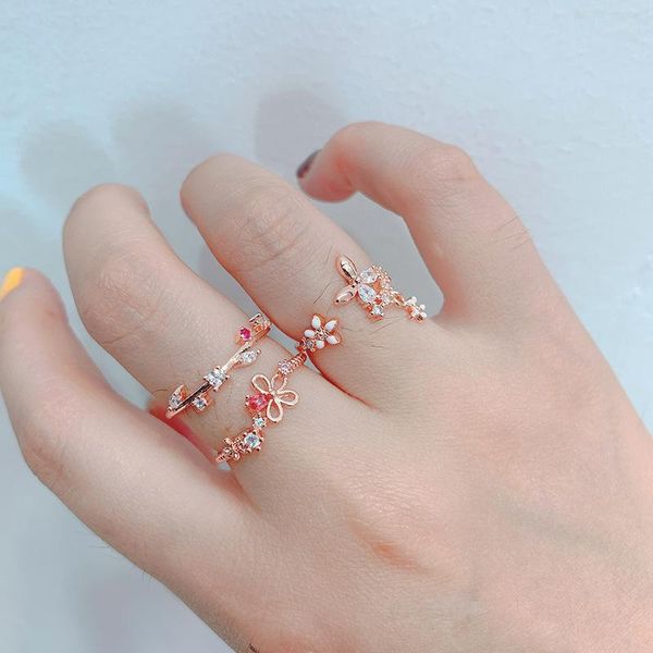 

cluster rings korean 2021 delicate micro pave zircon flower leaf rose gold color open for women girls fashion finger jewelry ring, Golden;silver