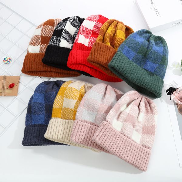 

s2470 new autumn winter women knitted hat plaid warm beanie skull caps knitting hats, Blue;gray