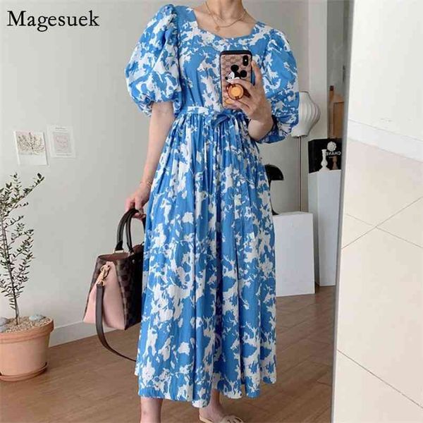 

vintage square collar ink print summer dresses women plus size loose lantern sleeve long female lace up woman 13844 210512, Black;gray
