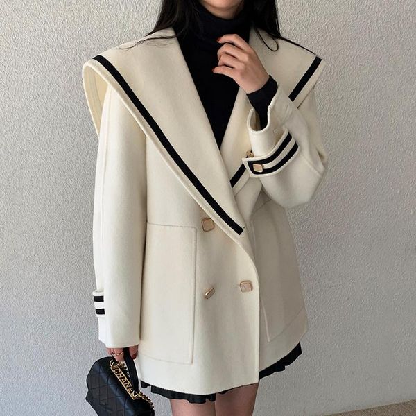 

women's wool & blends [ewq] korean autumn winter contrast color double breasted loose large pocket long sleeve warm woolen coat female, Black