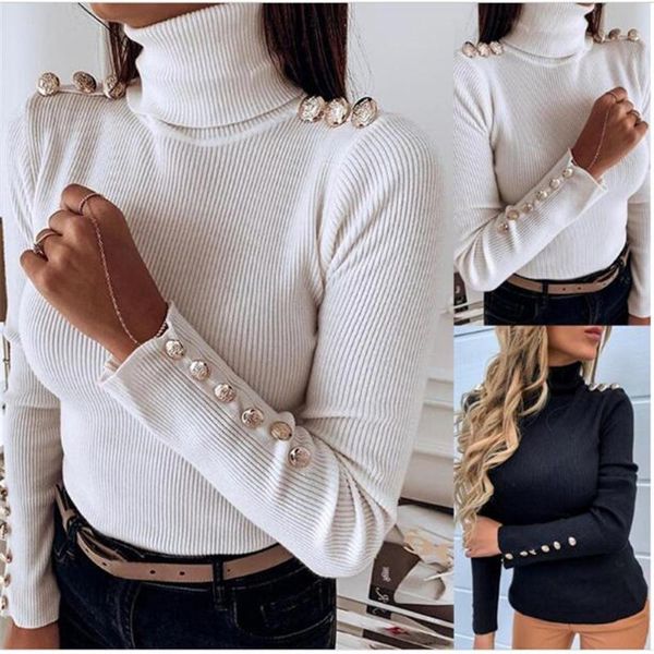 

autumn winter fashion pullovers women's high collar pure color button embellished long-sleeved sweater sweaters, White;black