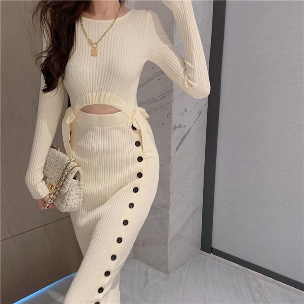 

casual dresses chic design hollow out waist side button deco knitted women fall solid sashes long sleeve bodycon sweater dress, Black;gray