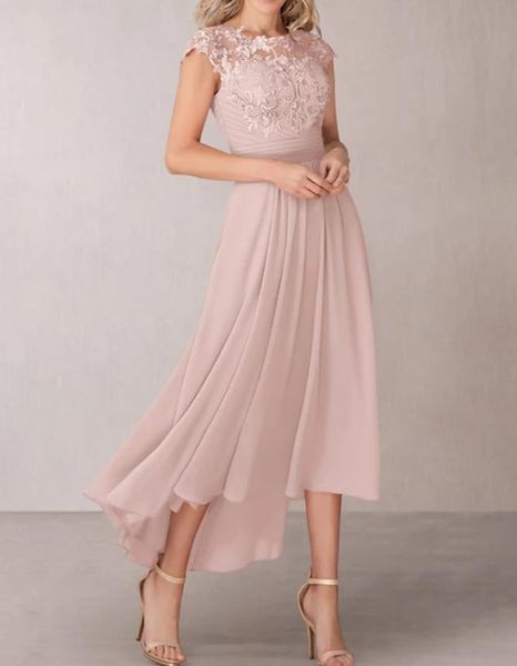 

a-line mother of the bride dress elegant jewel neck asymmetrical chiffon lace short sleeve with pleats appliques 2021 c054, Black;red