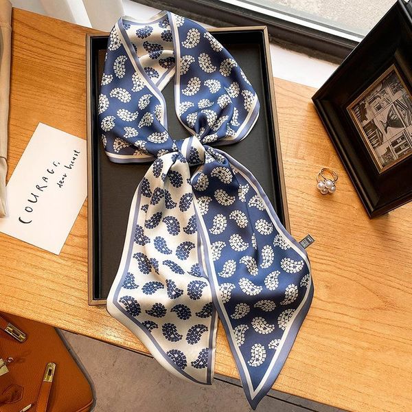 

scarves silk female hair ribbon hairband women skinny scarf 2021 summer long fashion neck brand office printing handkerchief, Blue;gray