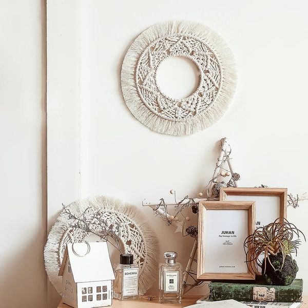 

tapestries macrame wall hanging bohemian hand-woven round tapestry nordic background craft cotton rope mirror frame boho home wedding decor