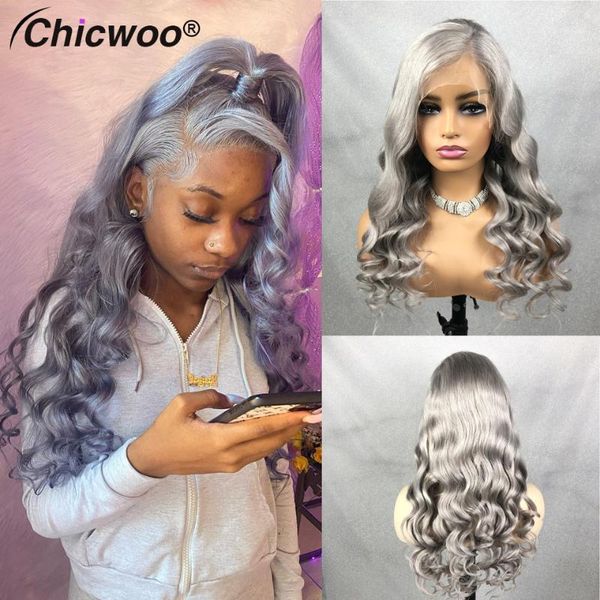 

brazilian remy hair grey human wig body wave lace front wigs for women with pre plucked transparent closure1, Black;brown