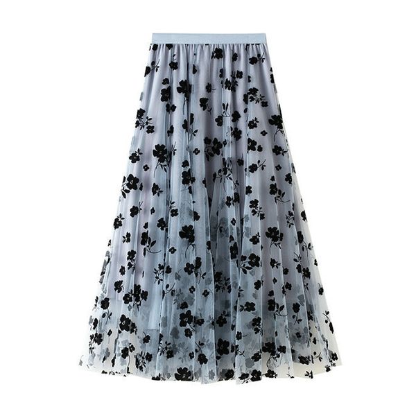 

black beige blue mesh mid-calf skirt empire summer casual floral solid s0266 210514
