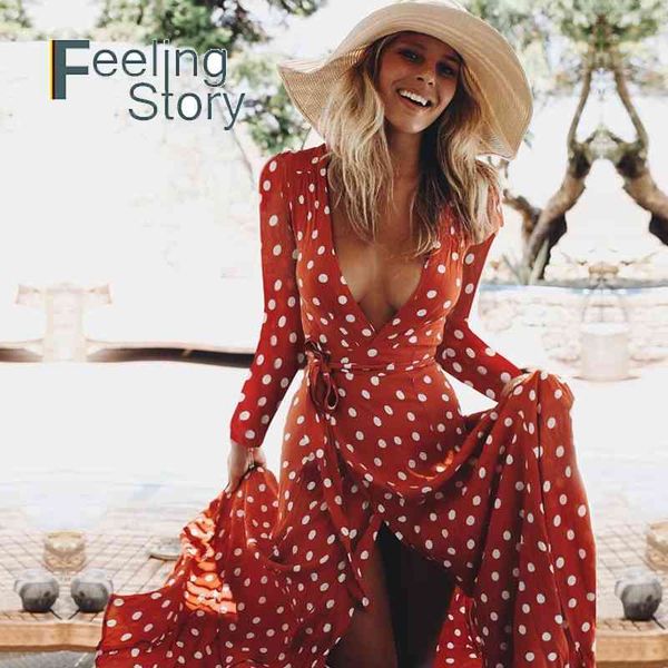 

bohemian deep v neck dress casual bow long maxi boho chic sleeve red es for woman polka dot slit 210603, Black;gray