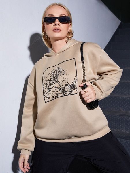 

plus wave print drop shoulder hoodie 27bi#, Black
