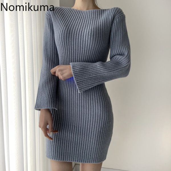 

nomikuma korean elegant sweater dress spring new flare long sleeve o-neck knitted dresses slim bodycorn vestidos 6e386 210427, Black;gray