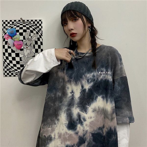 

women's t-shirt hip hop tie dye t-shirt, street clothes printed with letters and puzzles, harajuku women's long sleeve 2021, White