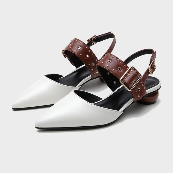 

sandals spring shoes low woman leather shallow mouth summer heels low-heeled open 2021 pointed fashion girls multicolored studde, Black