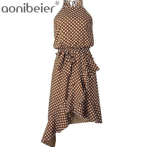

ruffles trim asymmetric hem knee length dress plus size polka dot summer sleeveless casual halter 210604, Black;gray