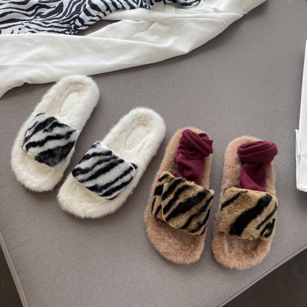 

shoes woman 2021 loafers slippers casual fur flip flops low soft leopard luxury flat plush rome hoof heels rubber leisure, Black