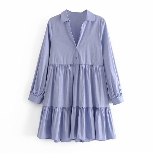 

dresses za blue mini shirt women long sleeve flounce hem pleated es female chic front button vintage office vestidos, Black;gray