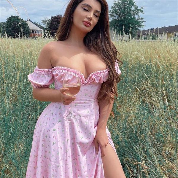 

summer elegant pink flower women dress edge off shoulder back split cute romantic fashion, Black;gray
