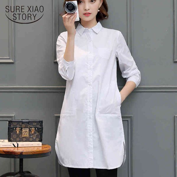 

autumn long white cotton shirts pockets shirt women plus size button solid blouses feminine 6460 50 210417