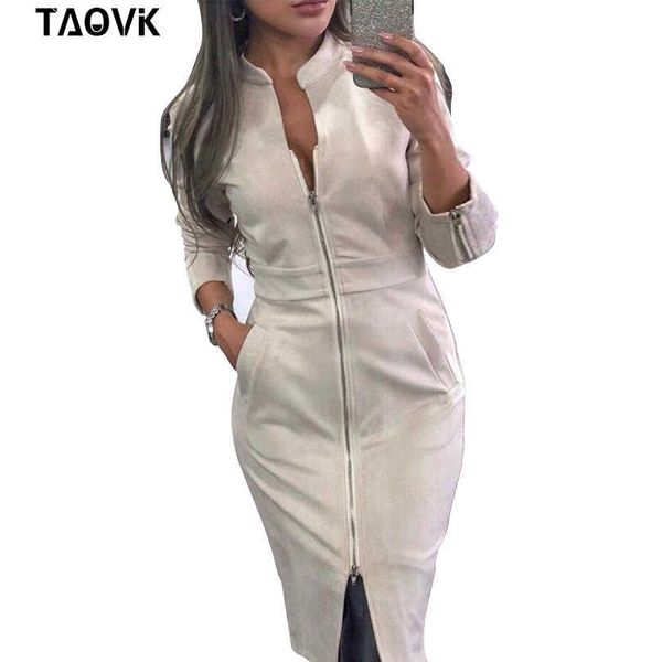 Taovk kadın Elbise Uzun Kollu Bodycon Fermuarlar Vintage Standı Yaka Ofis Kadın Elbiseleri 210706