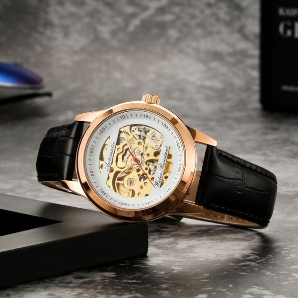 

wristwatches mechanical skeleton watch gold movement self wind no battery need 3 years warranty 30 meters water proof atutomatic clock men, Slivery;brown