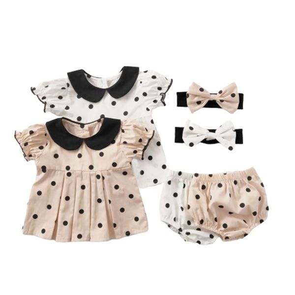 

summer baby cotton boy girl short sleeve dot clothes pants headband three-piece children's jumpsuit 210417, Blue