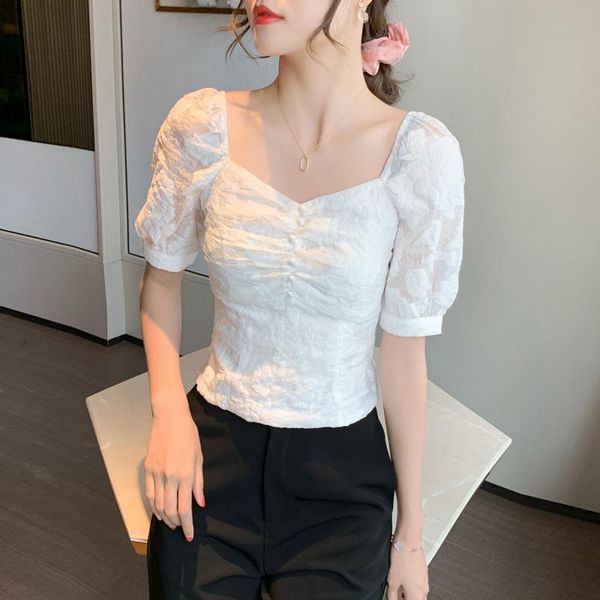 

women's blouses & shirts square neck lace shirt puff short sleeve chiffon splicing printed floral blouse women 2021 summer white crop t
