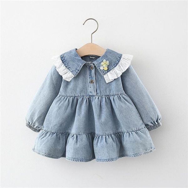 

girl's dresses toddler baby girls flower splice denim dress,girls fall long sleeve pan collar ruffle hem midi dress with buttons,6month, Red;yellow