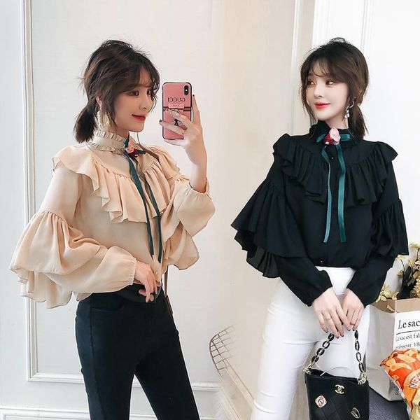 

women's blouses & shirts 2021 women elegant fashion ruffled vintage bow long sleeve cutwork female butterfly blusas chic s48, White