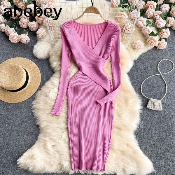 

casual dresses women korean knitted dress long sleeve v neck elastic slim pencil 2021 autumn bodycon streetwear, Black;gray