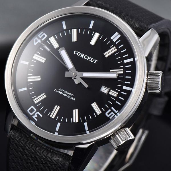 

corgeut 44.5mm black dial mens automatic watch date rubber strap sport luminous waterproof mechanical men wristwatches, Slivery;brown