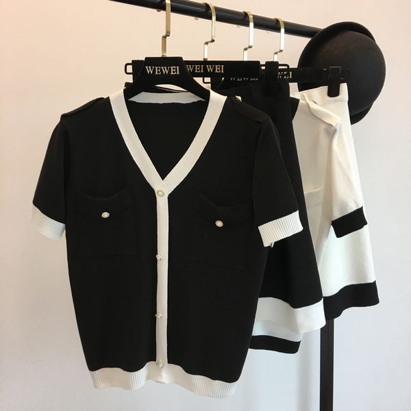 

two piece dress -conjunto de jersey y falda punto para mujer, trajes cuello en v manga corta con botones, informal, trabajo 188k, White