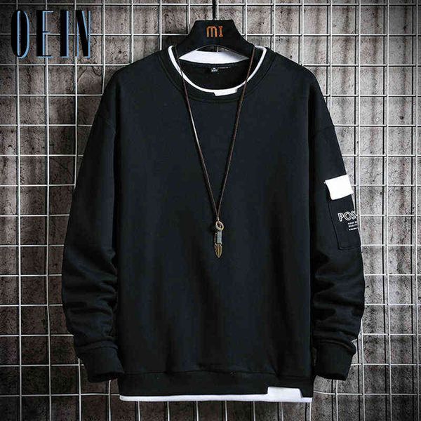 

mens casual sweatshirts men fake two pieces hoodie autumn streetwear multi color o-neck fashion harajuku male sweatshirt 211217, Black